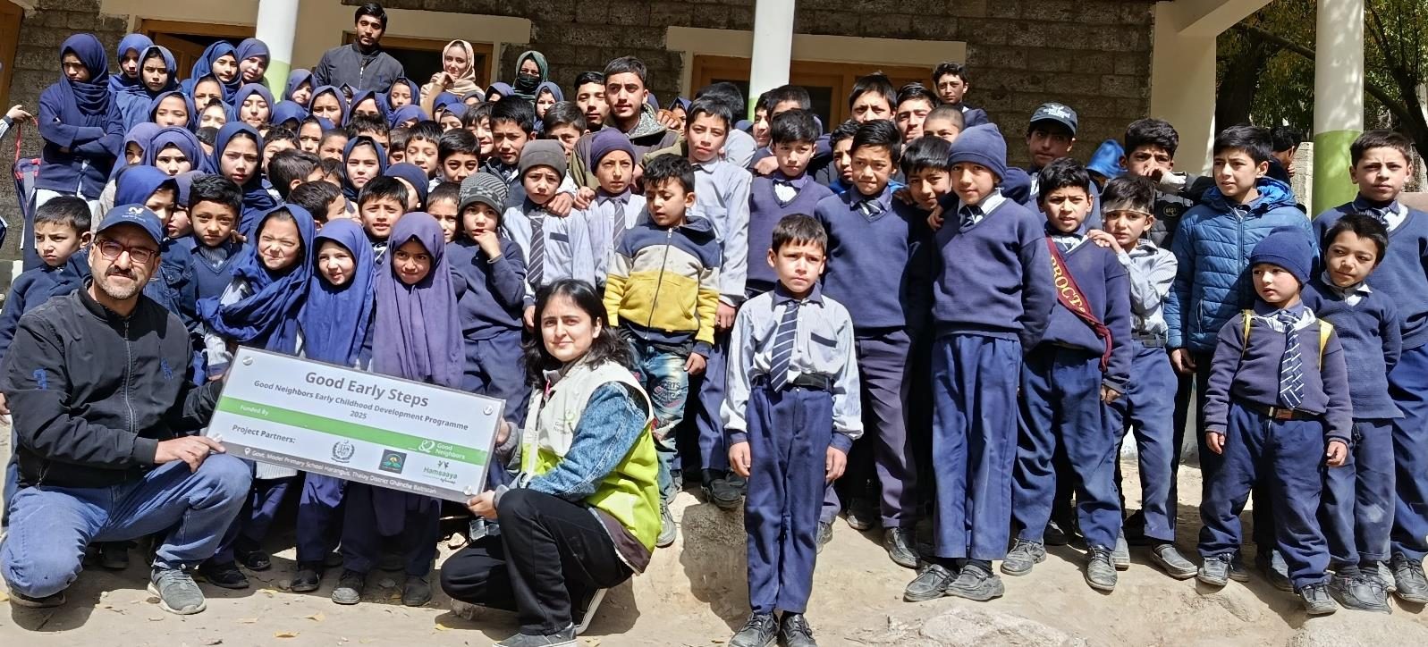 Schoolchildren and staff at the Good Early Steps early childhood development handover in Baltistan