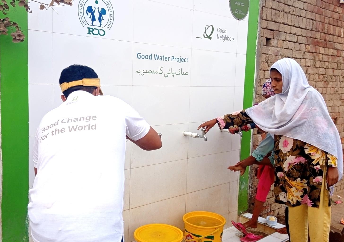 A handwashing station in use at a Good Water Project site