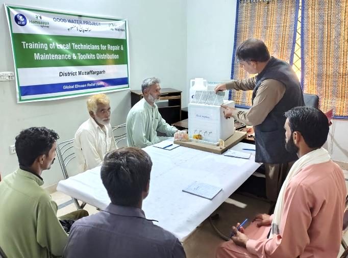 Local technicians being trained on solar water unit repair and maintenance in District Muzaffargarh